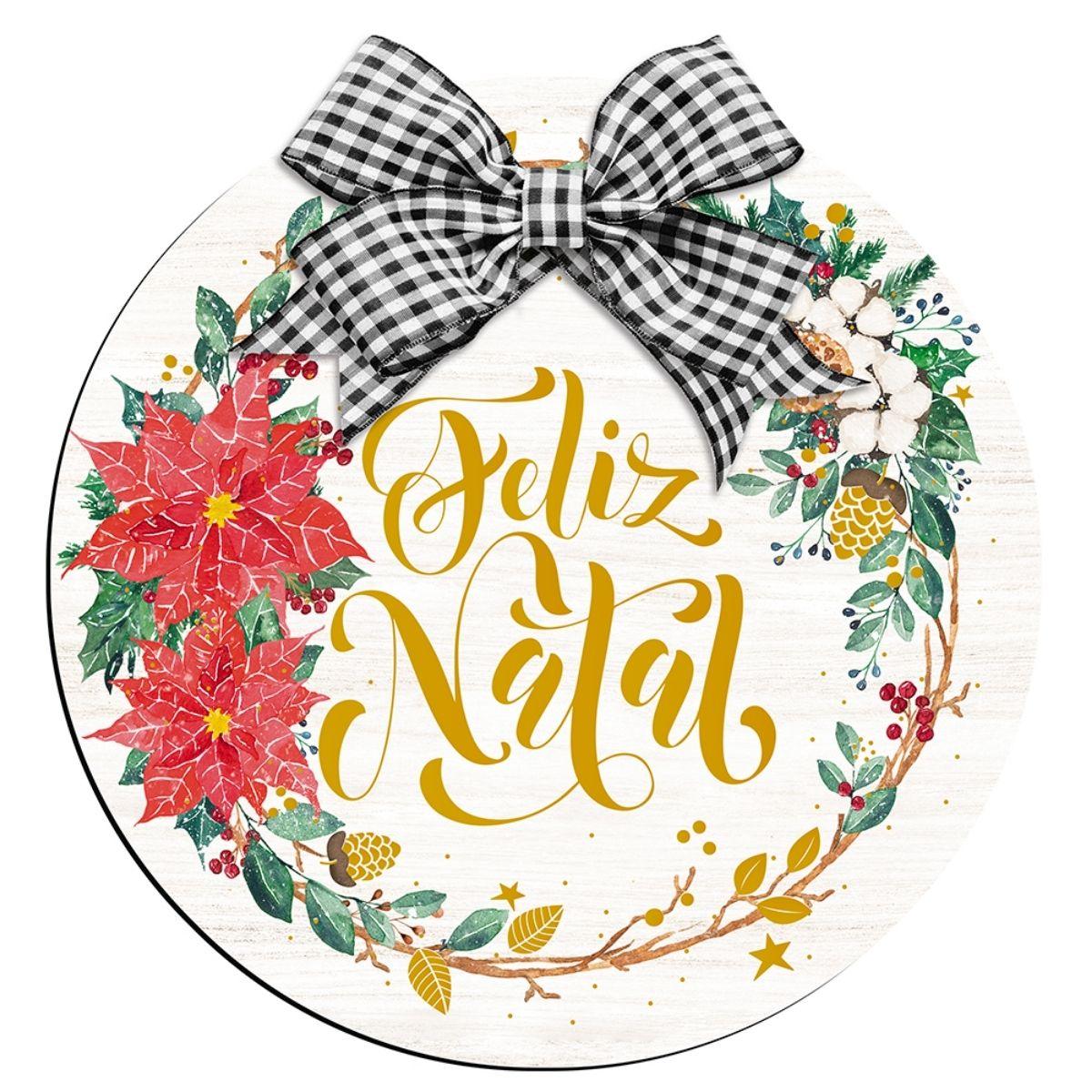 Placa Decorativa Litoarte DHN-054 Guirlanda Feliz Natal com Laço Xadrez 29x29cm - Palácio da Arte