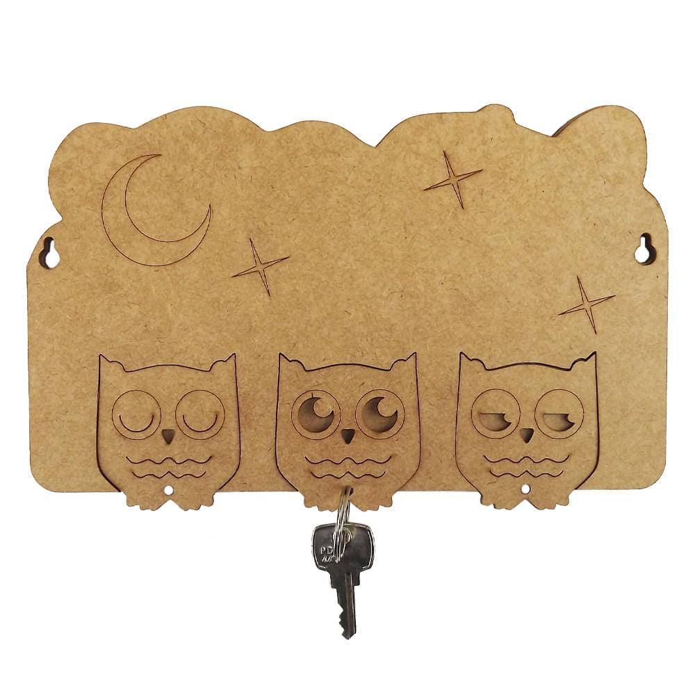 Porta Chaves Modular Corujas com 3 Chaveiros 21x13,5cm em MDF - Palácio da Arte