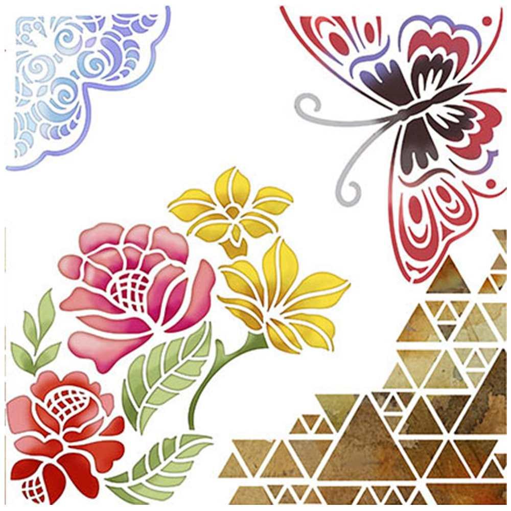 Stencil Litoarte 20x20 STXX-008 Borboleta e Flores - Palácio da Arte